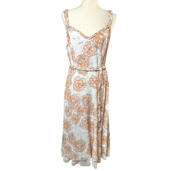 Dyvna Chacha Dress Womens Size 10 Peach Floral Braided Strap Belted Silk Midi - Picture 6 of 16